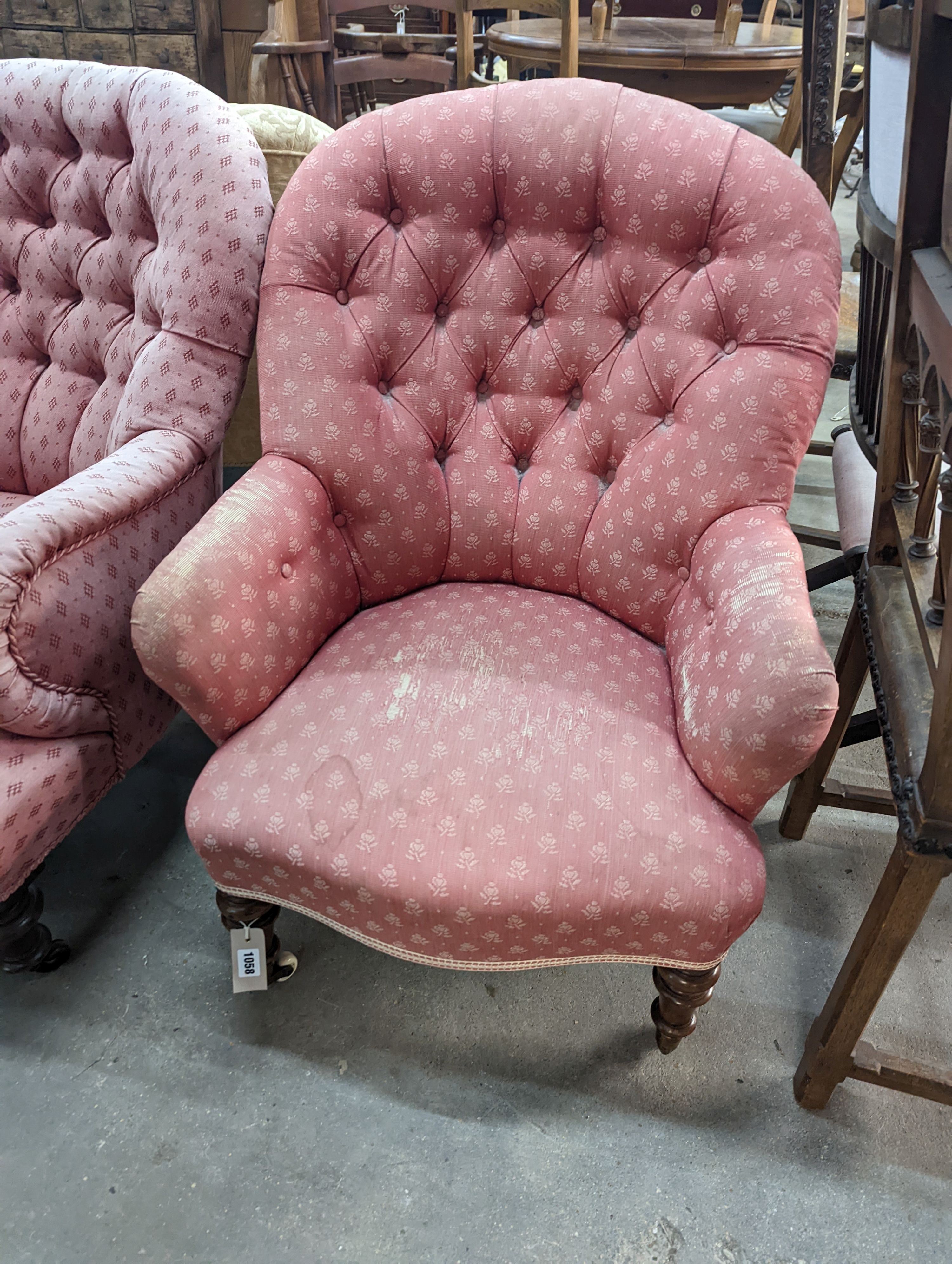 Two Victorian upholstered armchairs, width 62cm, depth 64cm, height 85cm
